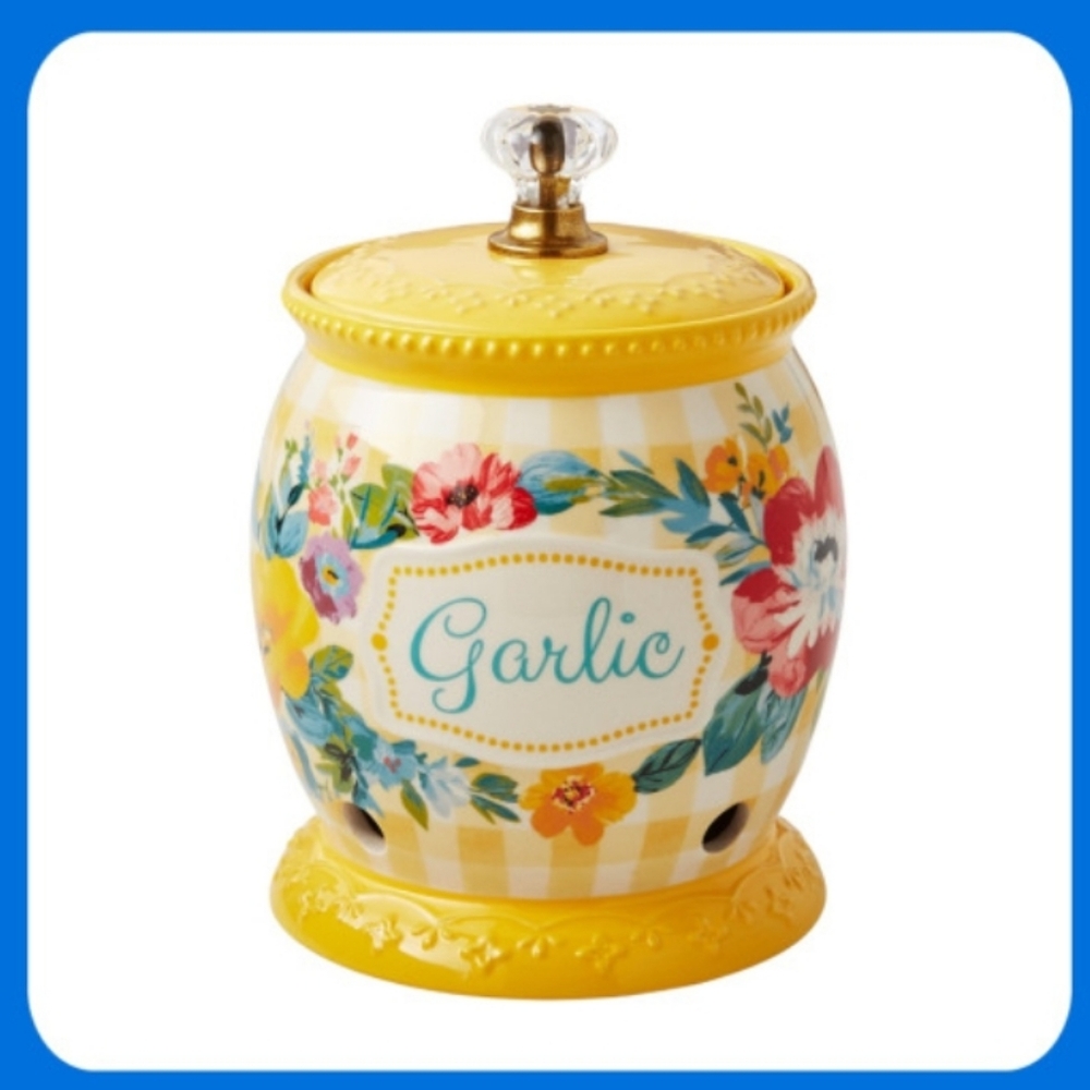 ❤️ New Pioneer Woman Sweet Romance Yellow Gingham Garlic Keeper